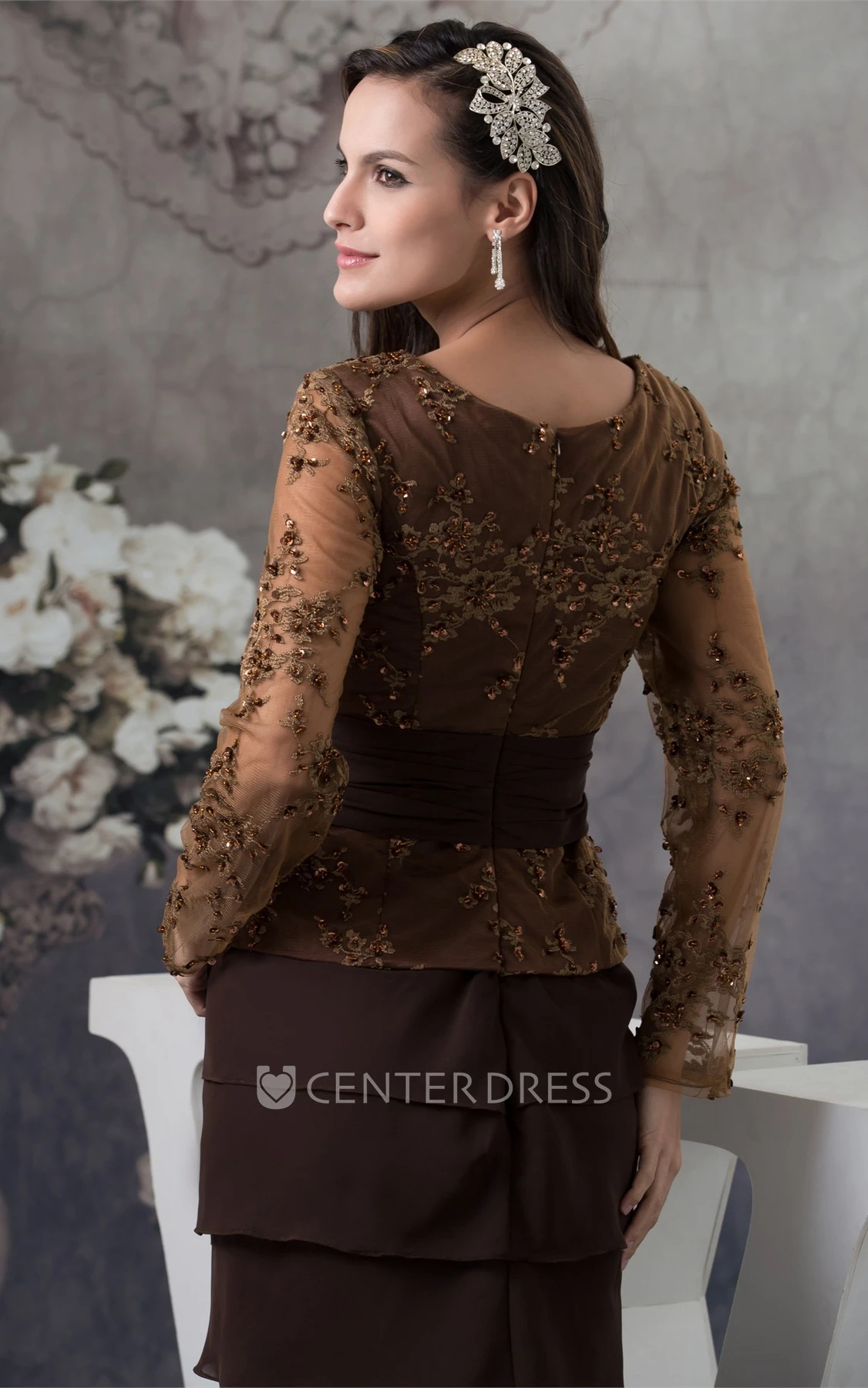 Classic Square-Neck Long-Sleeve Ankle-Length Dress with Tiers and Appliques