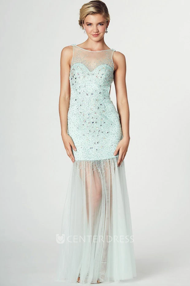 Sleeveless Beaded Scoop Neck Tulle Prom Dress With Pleats And Straps