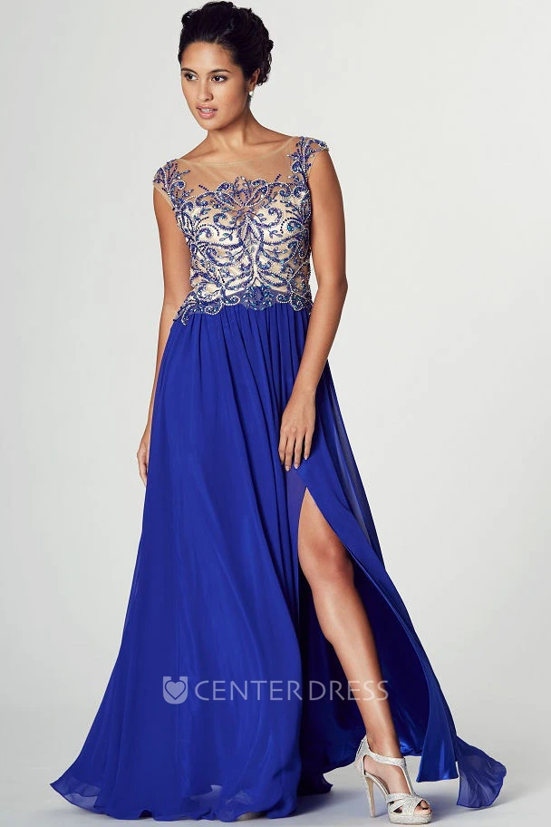 A-Line Bateau Cap-Sleeve Beaded Floor-Length Chiffon Prom Dress With Keyhole Back And Split Front
