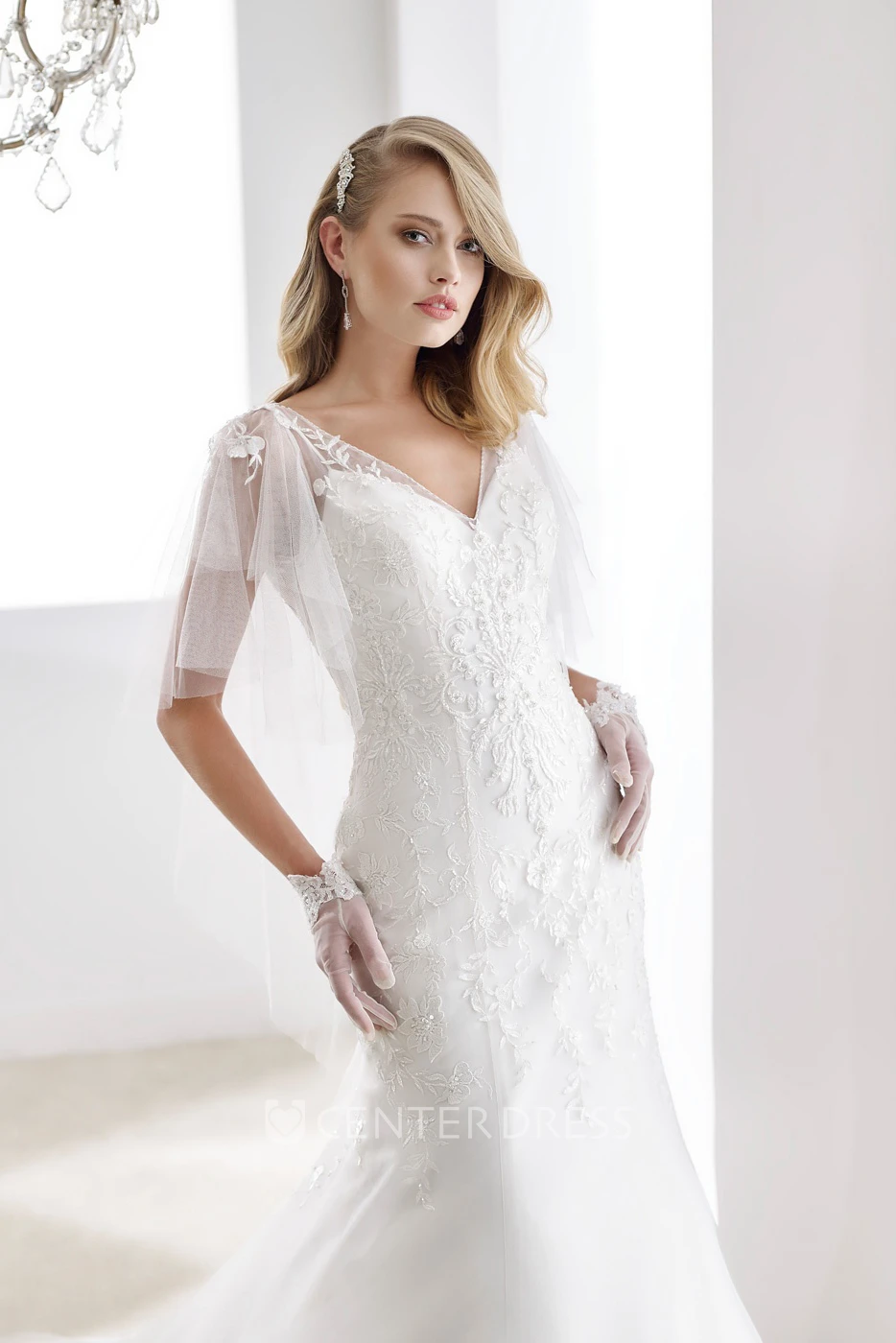 V-Neck Cape-Sleeve Sheath Mermaid Bridal Gown With Open Back