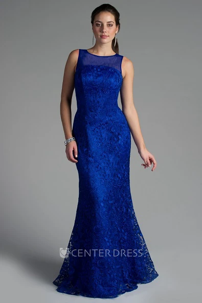 High Illusion Neck Sleeveless Sheath Lace Long Bridesmaid Dress