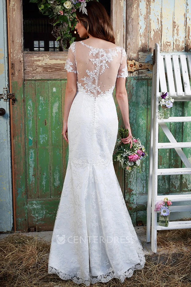 Sheath Floor-Length Bateau-Neck Short-Sleeve Lace Wedding Dress With Appliques And Illusion