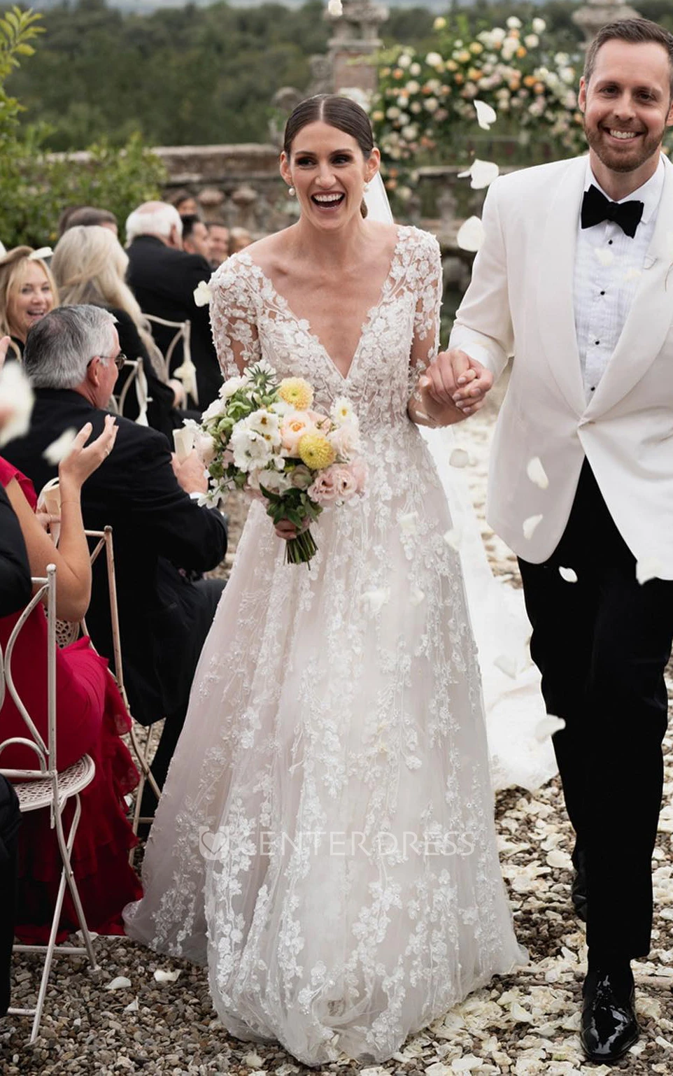 V-neck Lace A-Line Elegant Wedding Dress Appliques With Illusion Sleeve