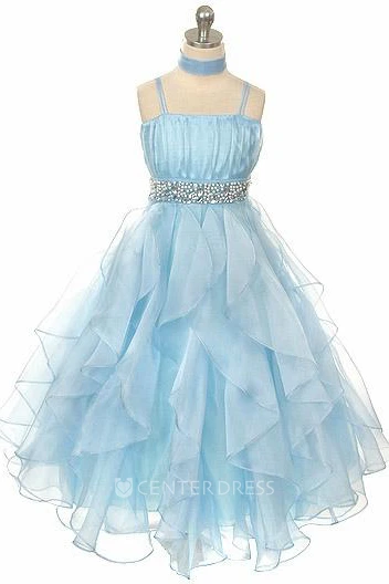Cape Tiered Empire Pleated Organza Flower Girl Dress With Sash
