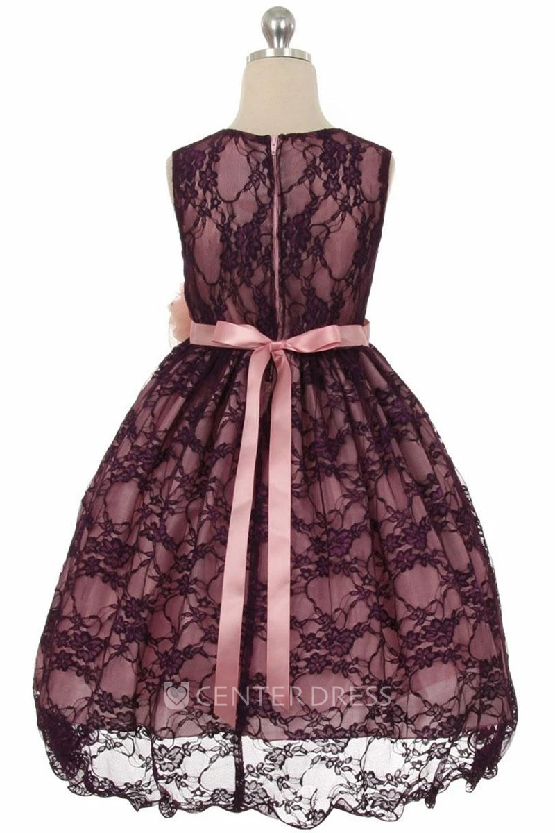 Tea-Length Floral Beaded Lace&Satin Flower Girl Dress With Sash
