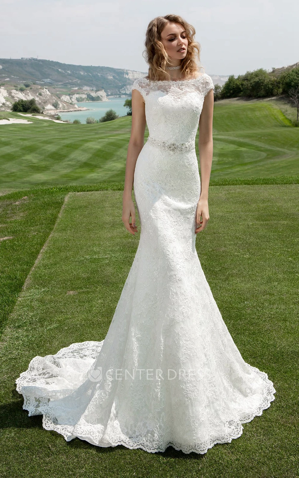 Bateau Neck Cap Sleeve Sheath Wedding Dress With Beaded Waist - UCenter  Dress