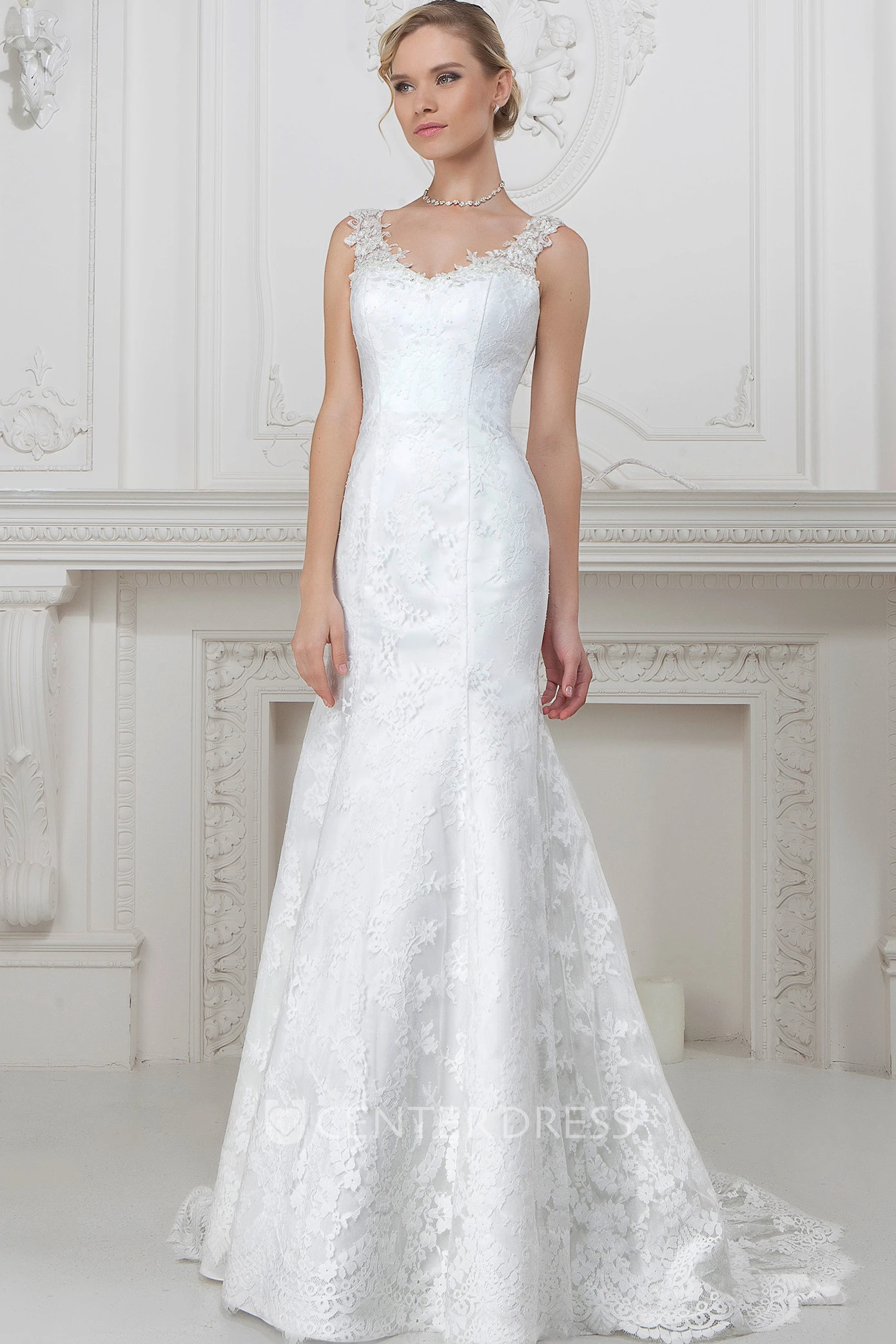 Sheath Floor-Length Appliqued Sleeveless V-Neck Lace Wedding Dress