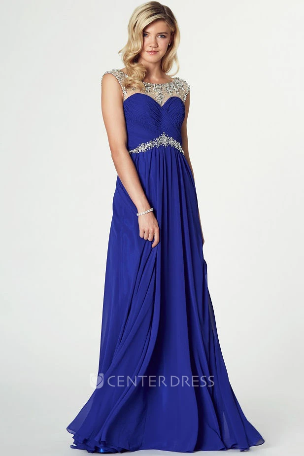 Maxi Scoop Neck Beaded Sleeveless Chiffon Prom Dress