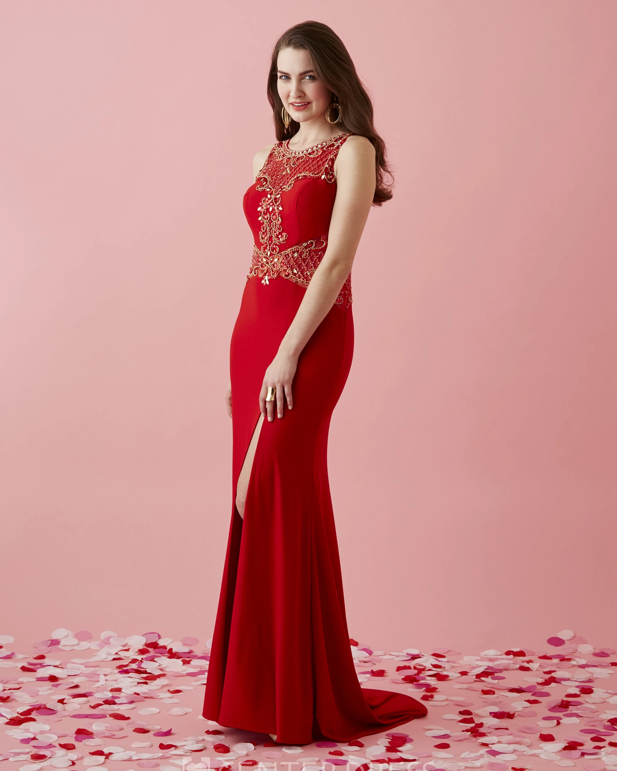 Sheath Scoop-Neck Sleeveless Jersey Illusion Dress With Split Front And Appliques
