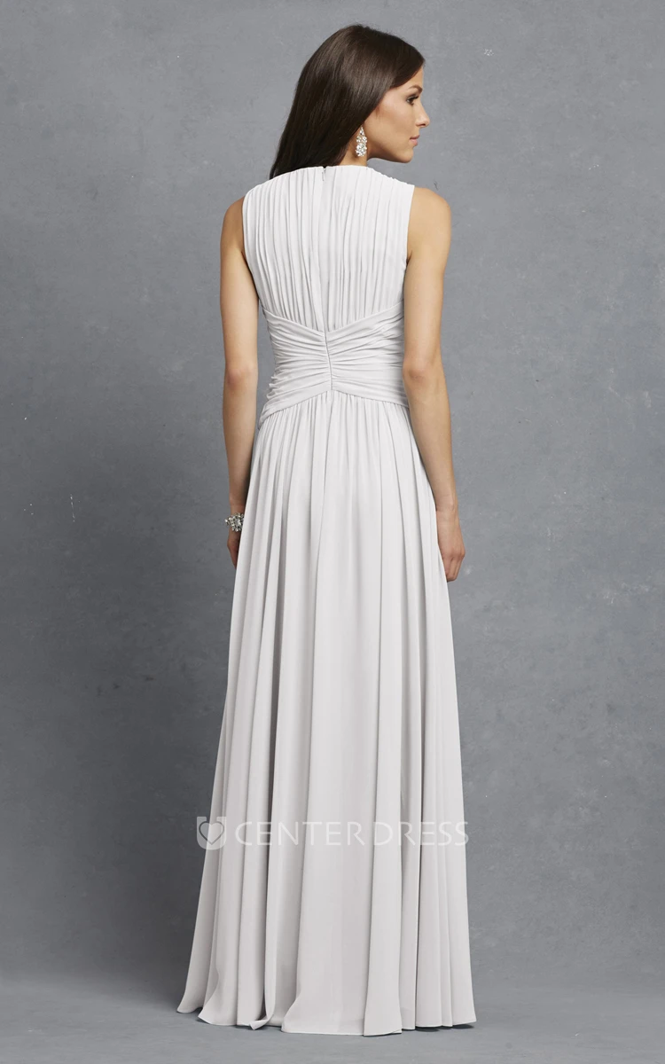 Sleeveless Chiffon V-Neck Dress With Crisscross Ruching