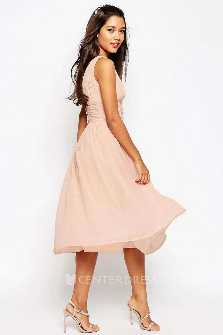 Tea-Length One-Shoulder Criss-Cross Sleeveless Chiffon Bridesmaid Dress