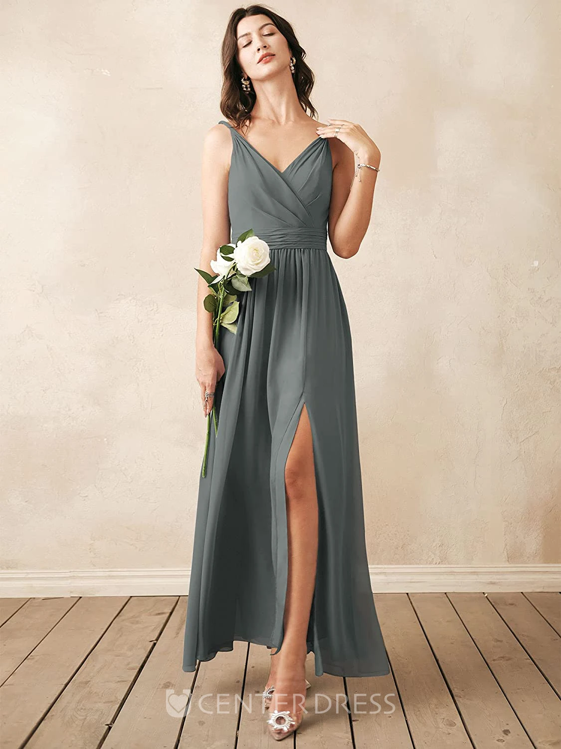 Romantic Chiffon Ankle-length V-neck A Line Sleeveless Bridesmaid Dress With Ruching
