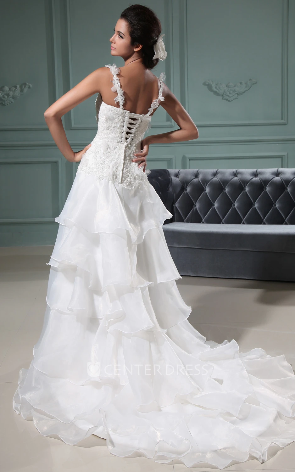 Sleeveless Sweetheart High Low Organza Wedding Gown With Ruffles