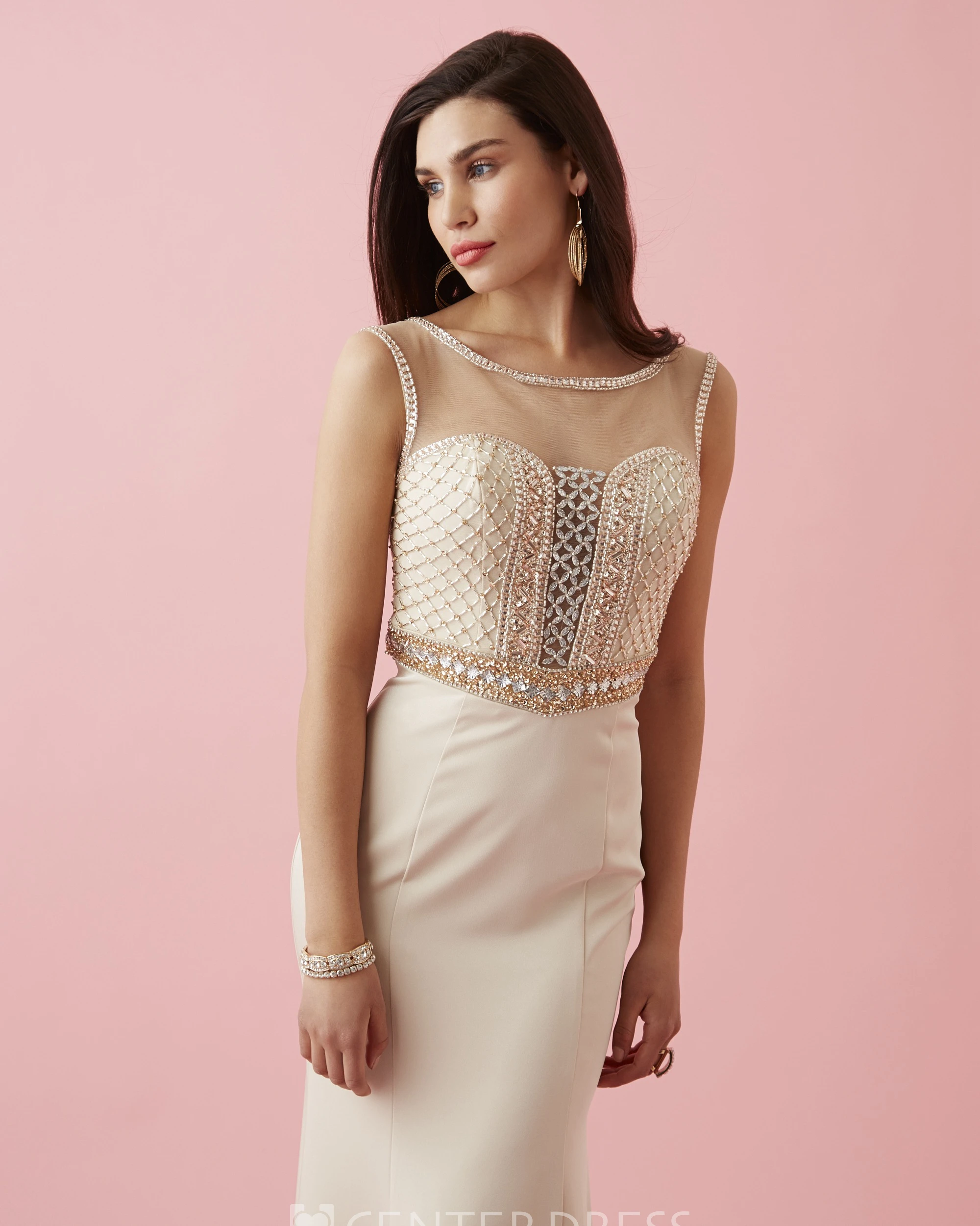 Sheath Scoop-Neck Sleeveless Jersey Illusion Dress With Beading