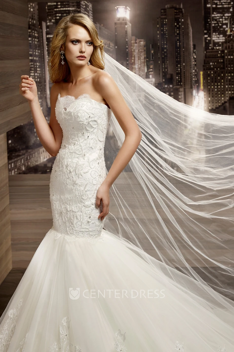 Strapless Mermaid Lace Wedding Dress with Brush Train and Appliques