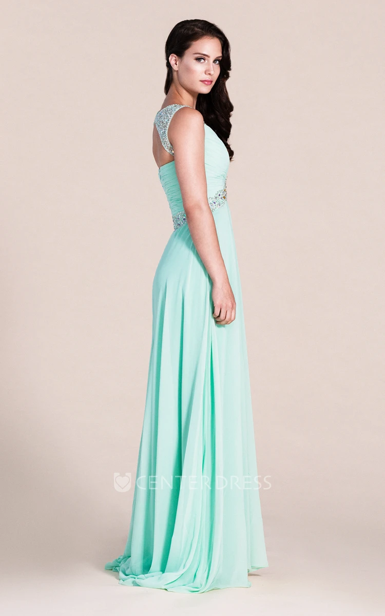 Exquisite Sleeveless Ruched Bodice Chiffon Skirt With Beaded Straps and Waistline