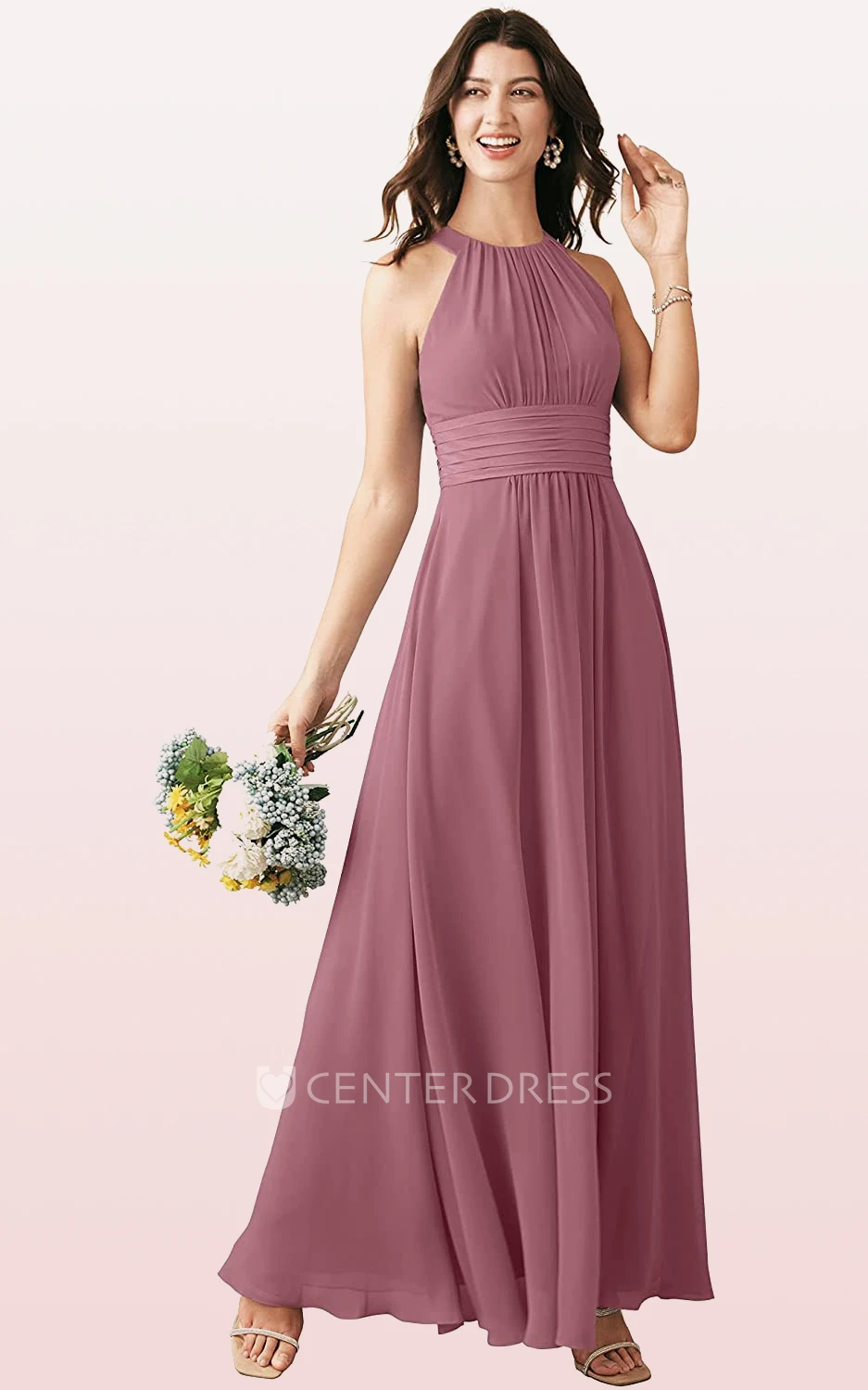 Elegant Chiffon Ankle-length Halter A Line Sleeveless Bridesmaid Dress With Ruching
