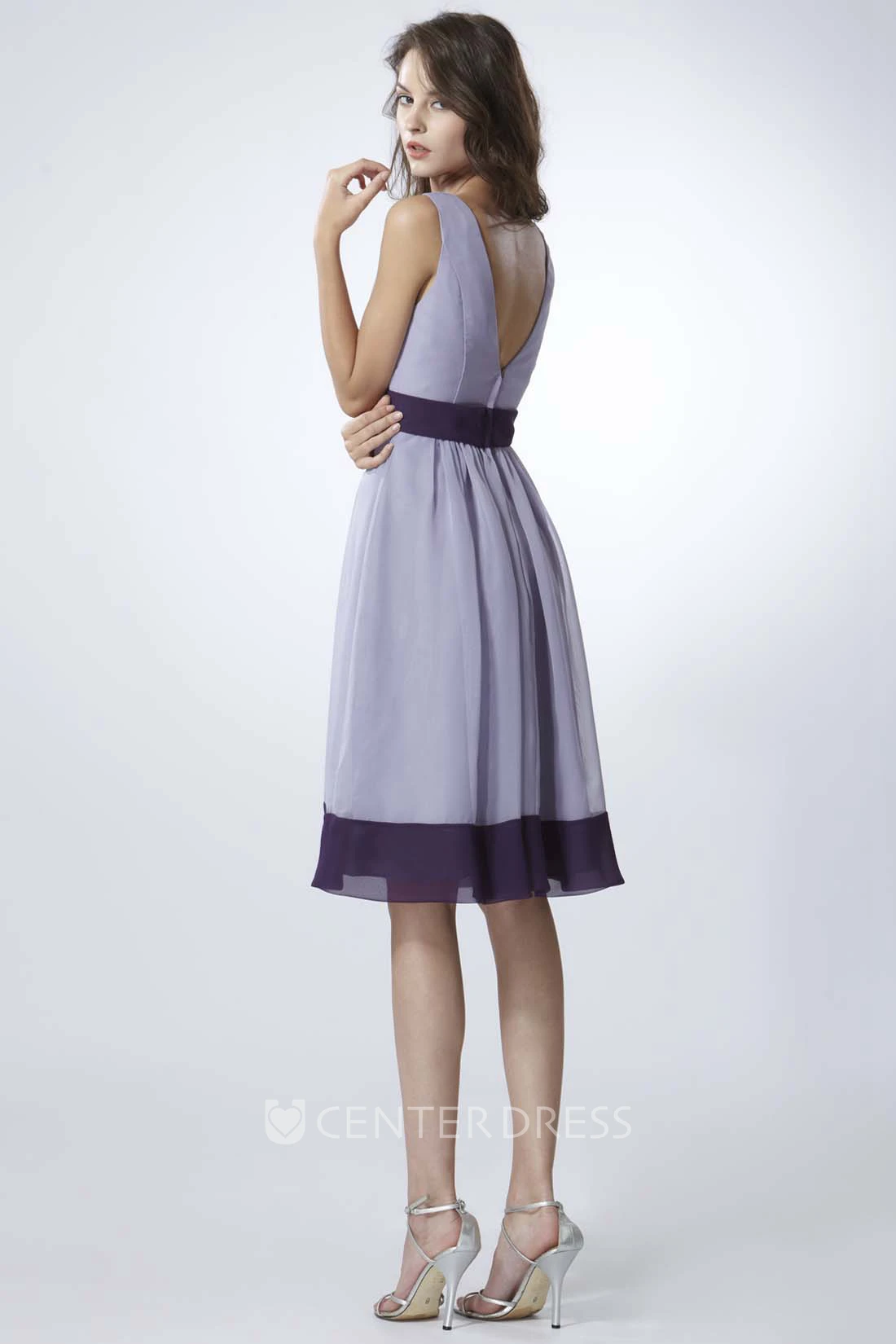 V-Neck Sleeveless Short Chiffon Bridesmaid Dress With Ruching And V Back