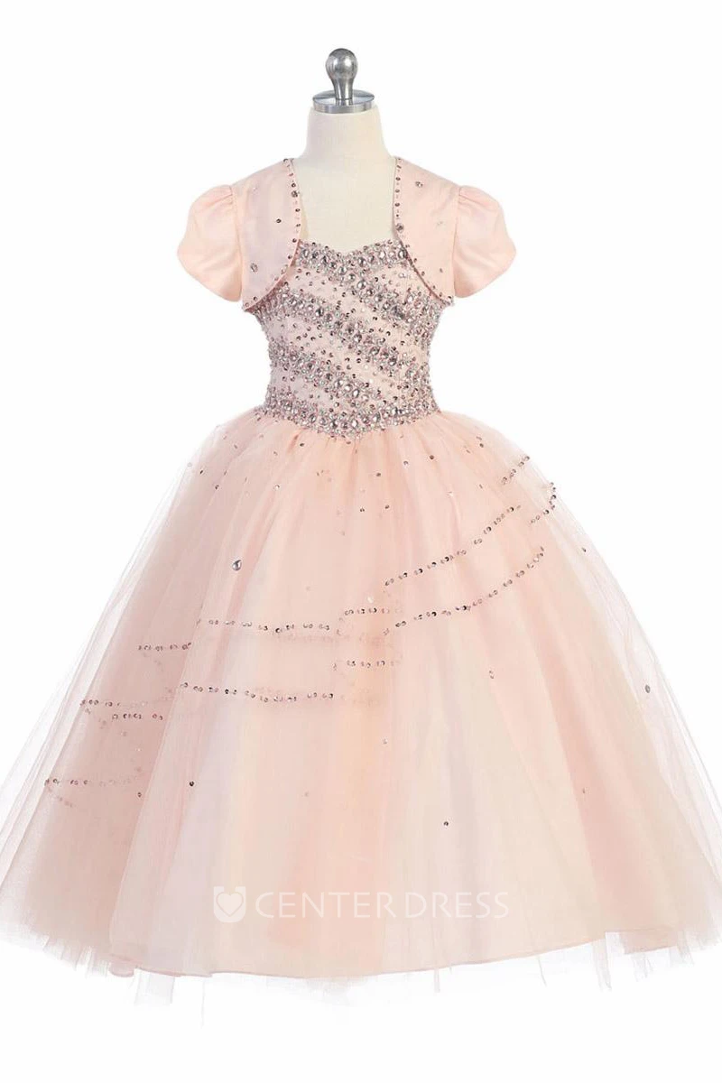 Bolero Beaded Tiered Tulle&Lace Flower Girl Dress
