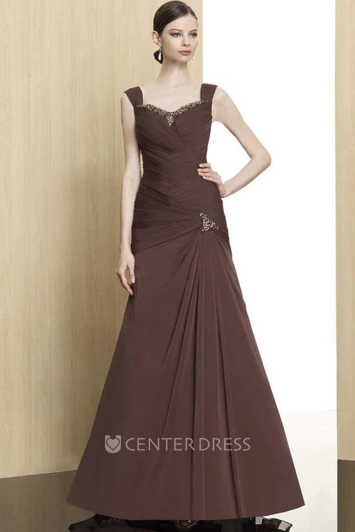 A-Line Sleeveless Beaded Floor-Length Chiffon Formal Dress With Zipper Back And Draping