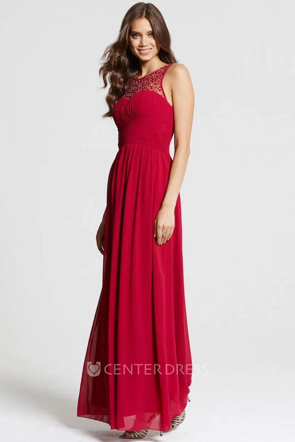 Floor-Length Ruched Sleeveless Scoop Neck Chiffon Bridesmaid Dress With Beading