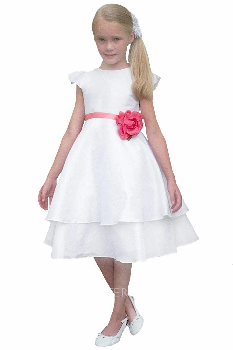 Tea-Length Cap-Sleeve Taffeta Flower Girl Dress