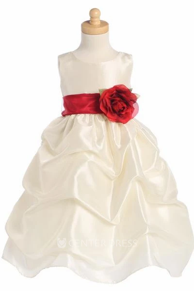 Tea-Length Floral Floral Ruched Taffeta Flower Girl Dress With Sash