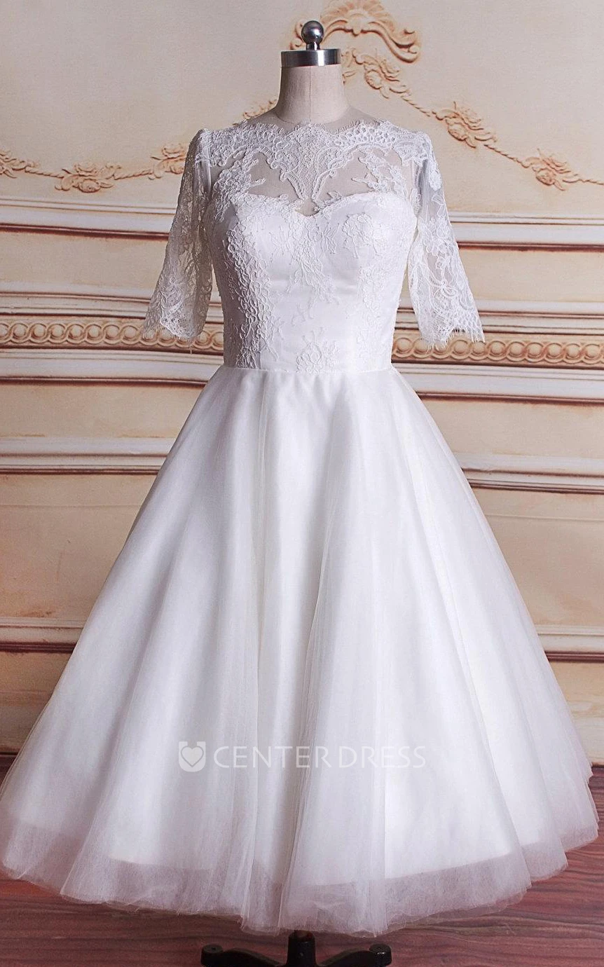 Tea-Length 3-4 Sleeve Tulle Lace Satin Weddig Dress