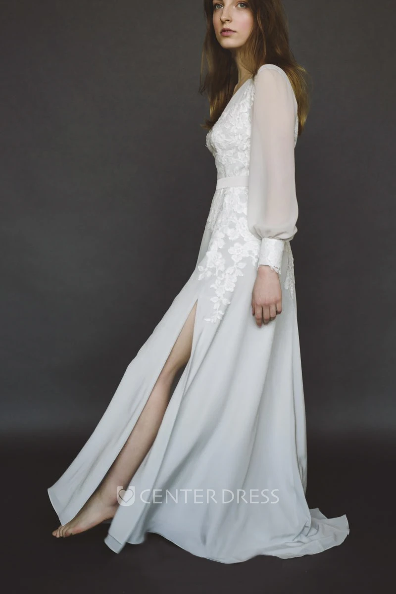 Lace Appliqued Split Chiffon Wedding Gown With Long Poet Sleeve And V-neck