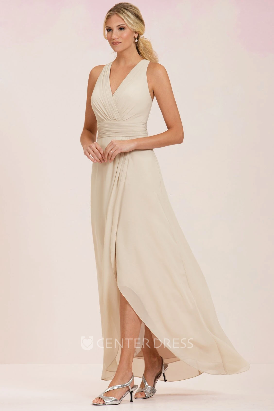 Sleeveless V-Neck Long Bridesmaid Dress With Front Slit And Pleats