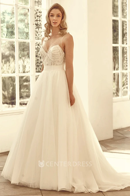 V-Neck Long Beaded Tulle Wedding Dress With Court Train And V Back