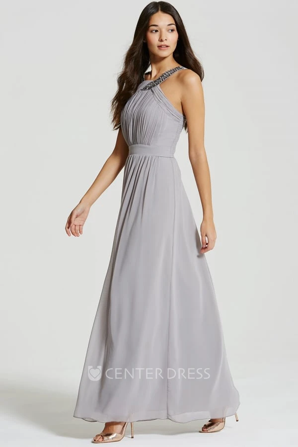 Ankle-Length Sleeveless Ruched Scoop Neck Chiffon Bridesmaid Dress With Straps