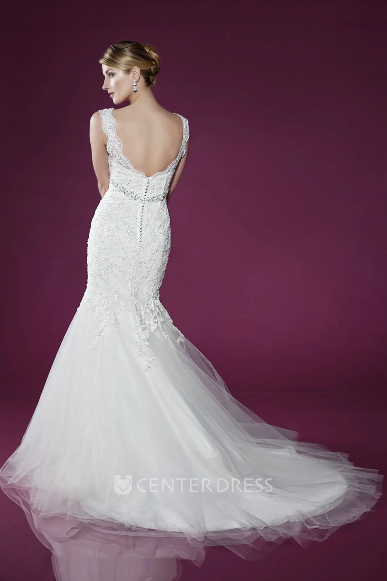 V-Neck Long Appliqued Pleated Natural Lace&Tulle Wedding Dress