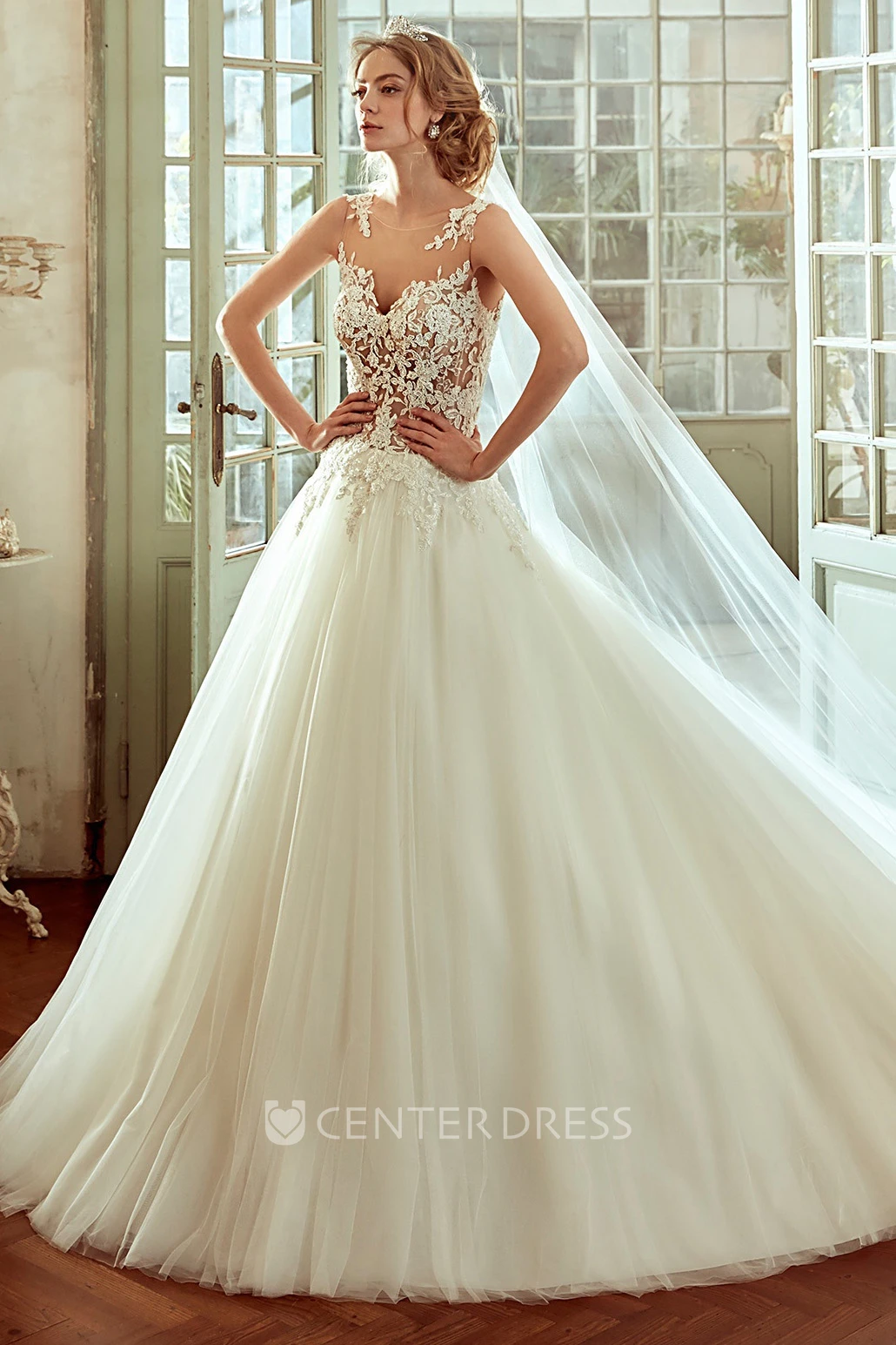 Jewel-Neck A-Line Gown With Illusive Bodice And Multi-Layer Tulle Skirt