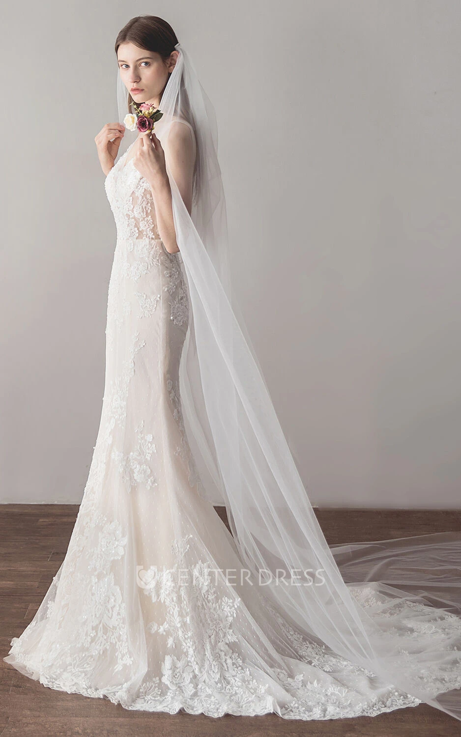 Sexy Sleeveless Lace Tulle Plunging Neckline With Cathedral Train A-line  Wedding Dress