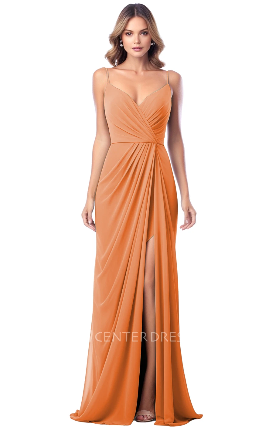 A-Line Satin V-neck Split Bridesmaid Dress Simple & Elegant