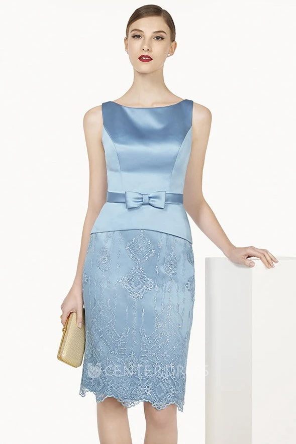 Satin Top Lace Knee Length Prom Dress With Bow Sash And Removable Jacket