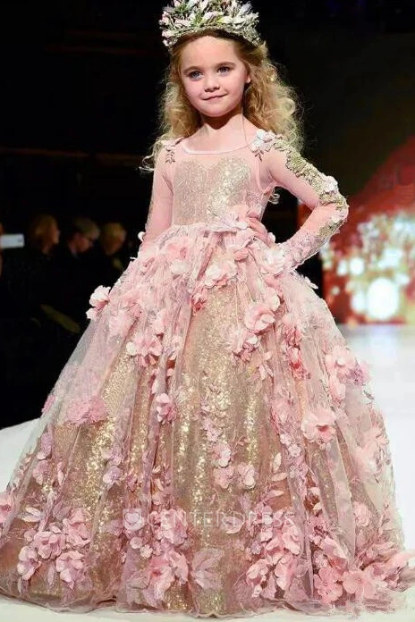 Floral Bateau Illusion Long Sleeve Ball Gown Flower Girl Dress