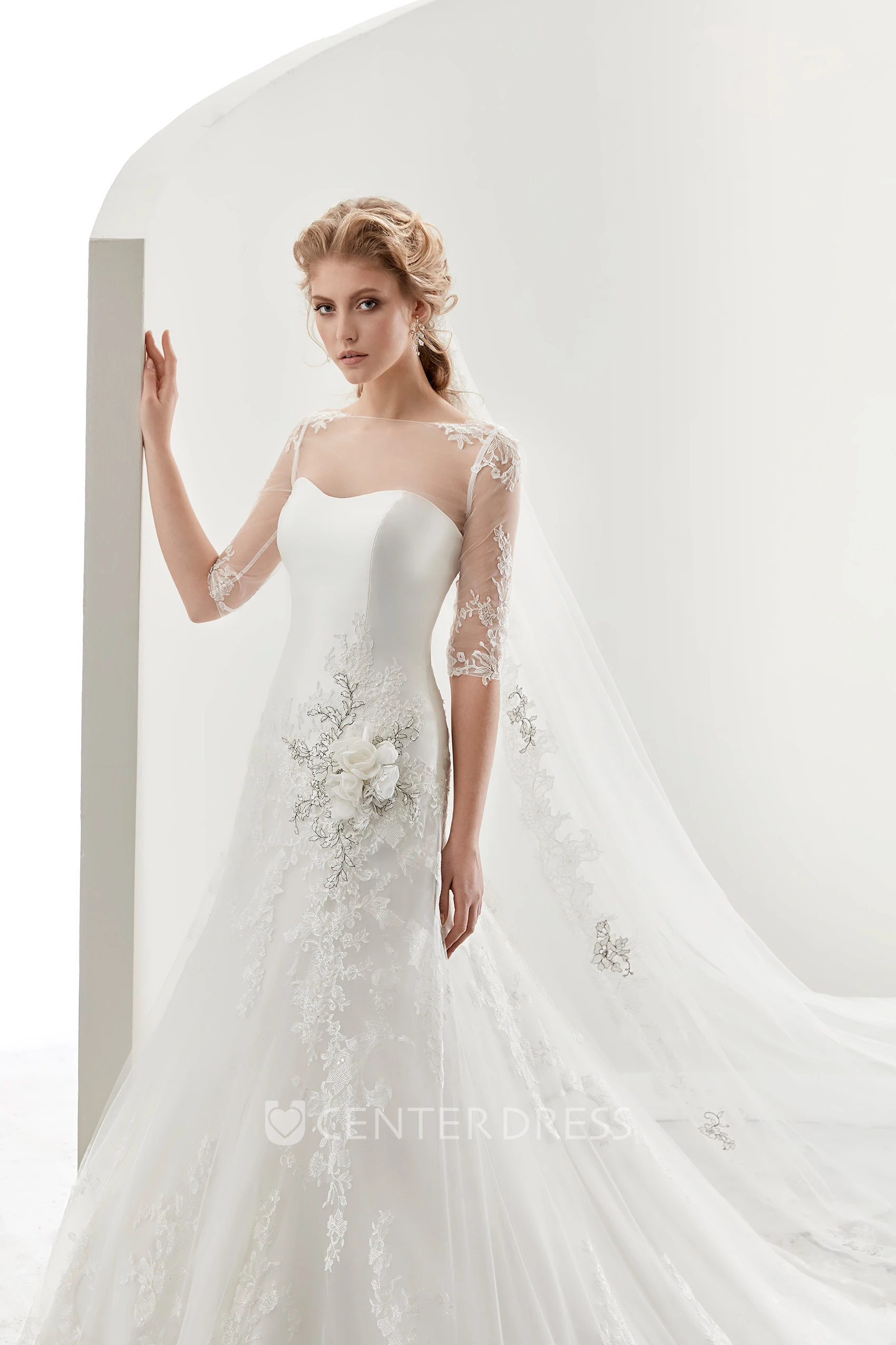 Illusion Half-sleeve Bridal Gown with Beaded Flower Embellishment and Jewel Neck