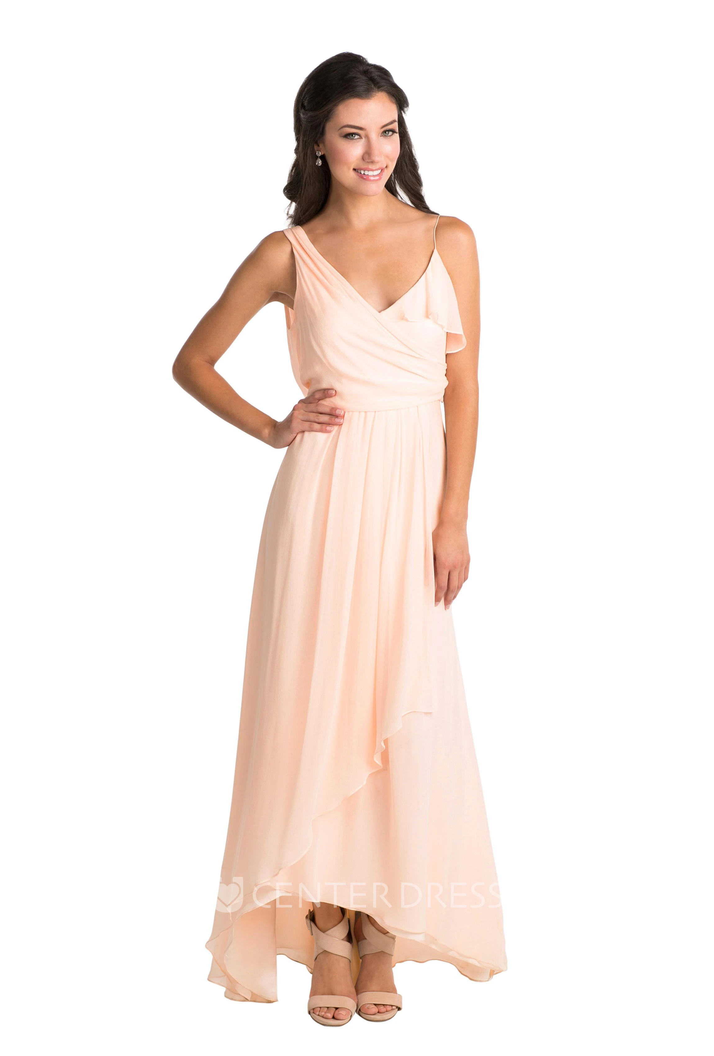 High-Low Cap Sleeve Ruched V-Neck Chiffon Muti-Color Convertible Bridesmaid Dress