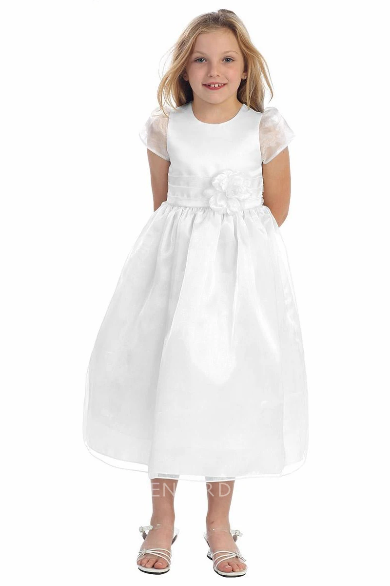 Ankle-Length Cap-Sleeve Tiered Organza&Satin Flower Girl Dress