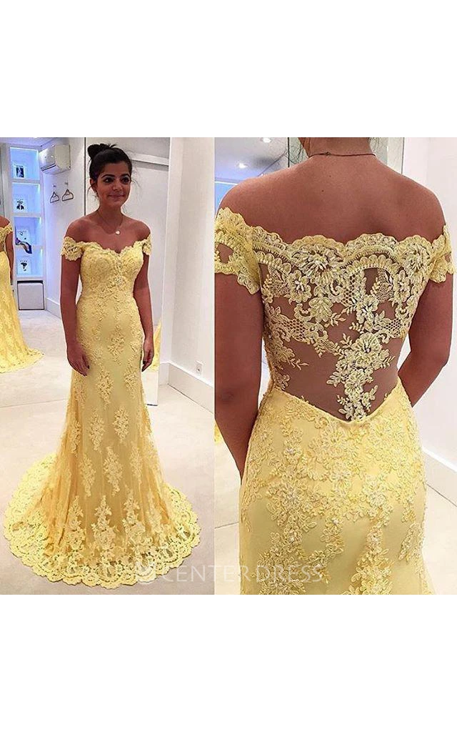Modern Yellow Lace Appliques Evening Dress Mermaid Off-the-shoulder