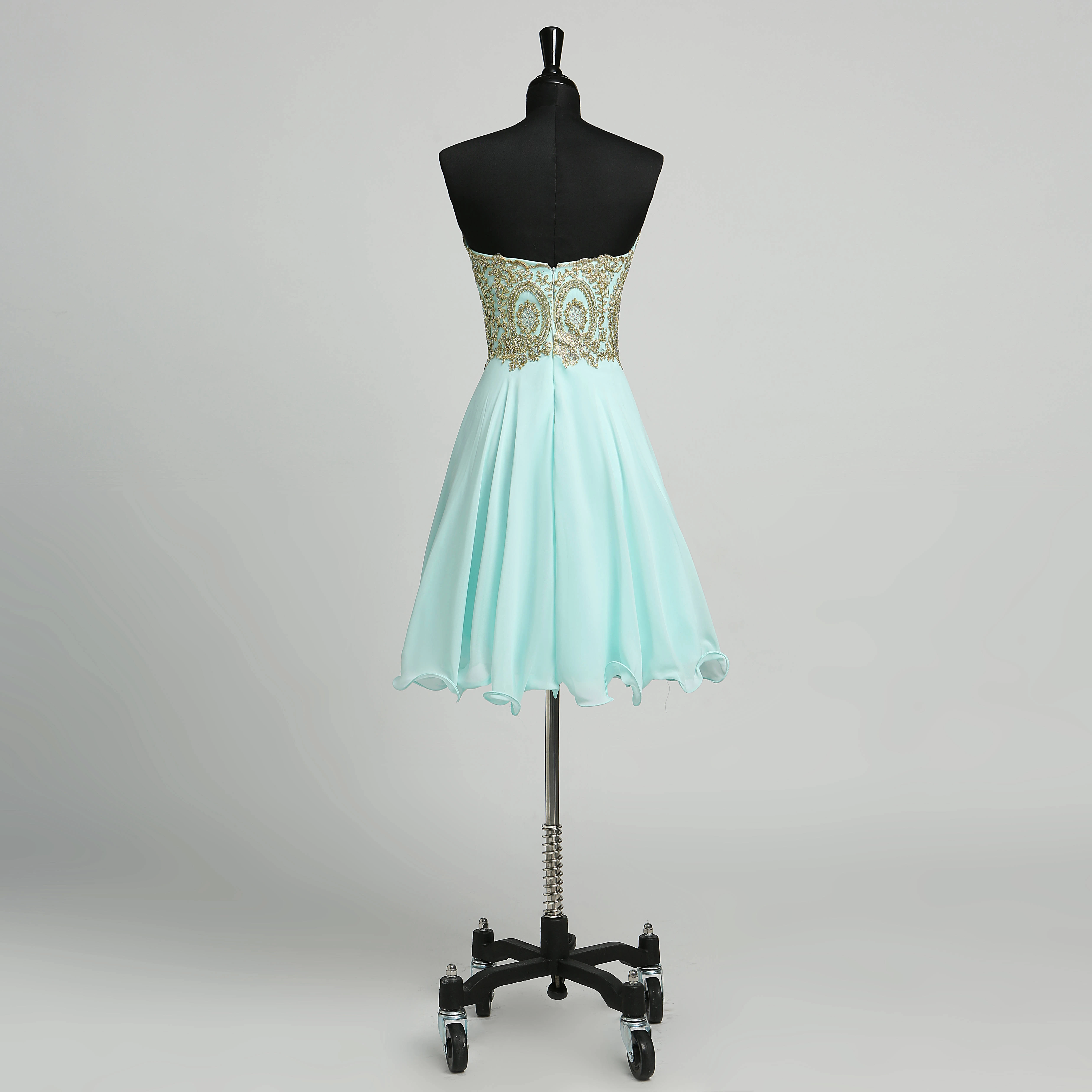 Chiffon Sheath Strapless Sweet heart Sexy Sleeveless Short Mini Open Back Zipper Dress with Beading Sequins