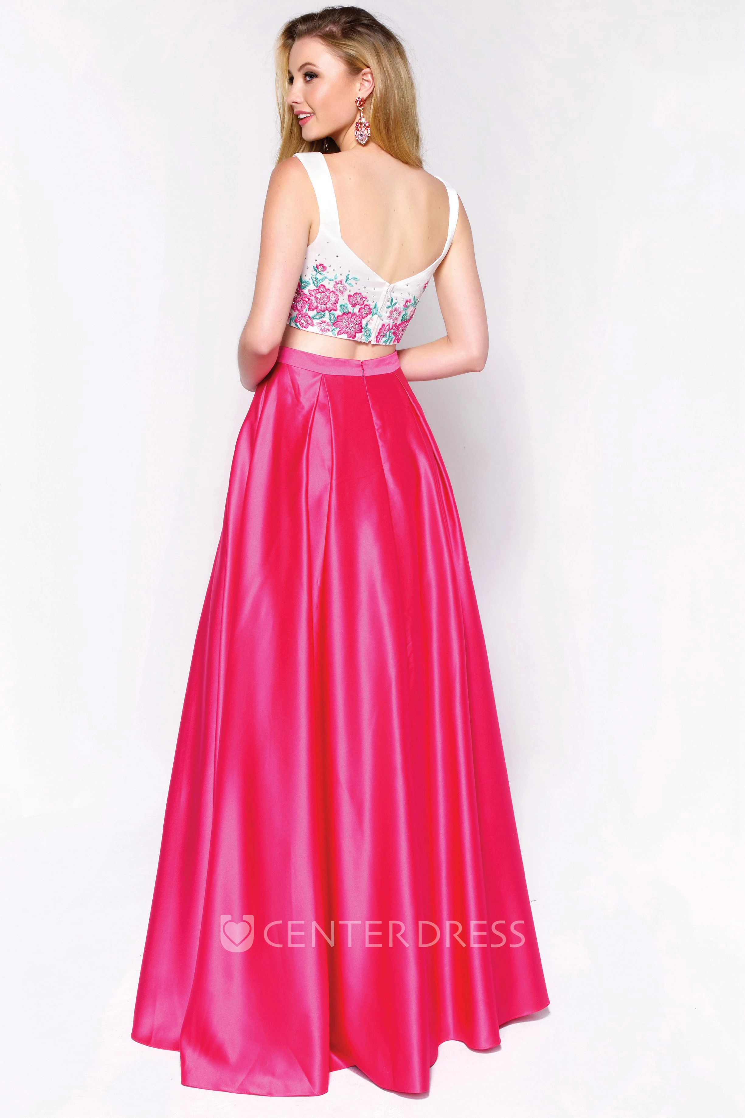 A-Line Sleeveless Satin Low-V Back Dress With Appliques And Flower