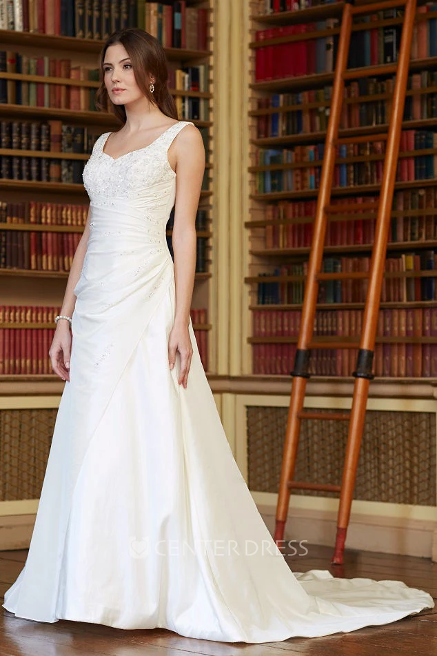 A-Line Long Beaded V-Neck Sleeveless Satin Wedding Dress With Low-V Back And Side Draping