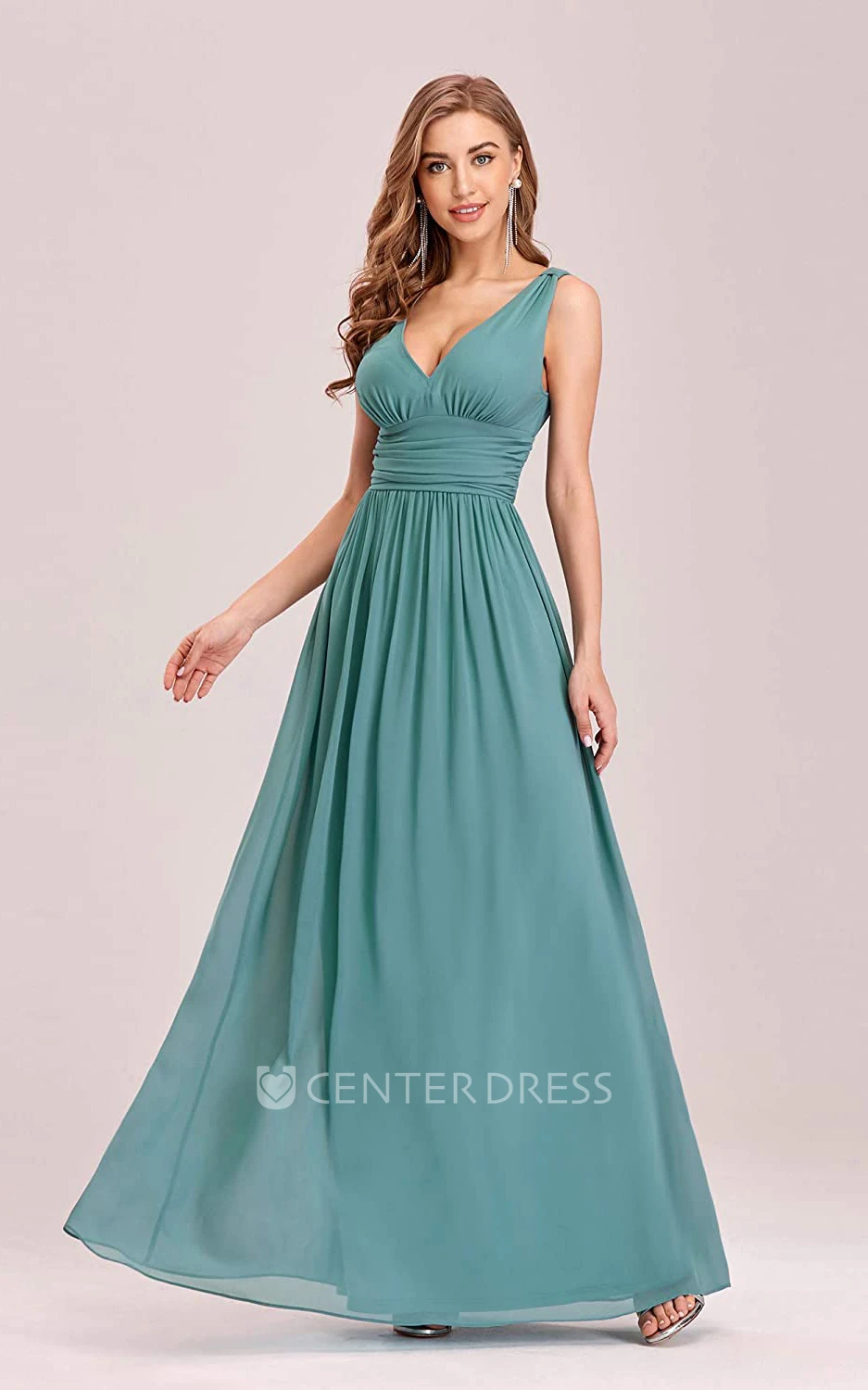 Romantic A Line Chiffon V-neck Sleeveless Prom Dress With Ruffles