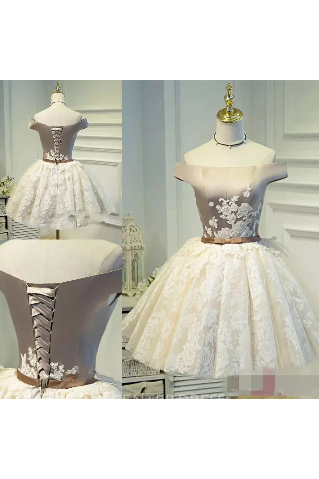 Ball Gown Short Mini Sleeveless Off-the-shoulder Appliques Bow Pleats Satin Lace Homecoming Dress