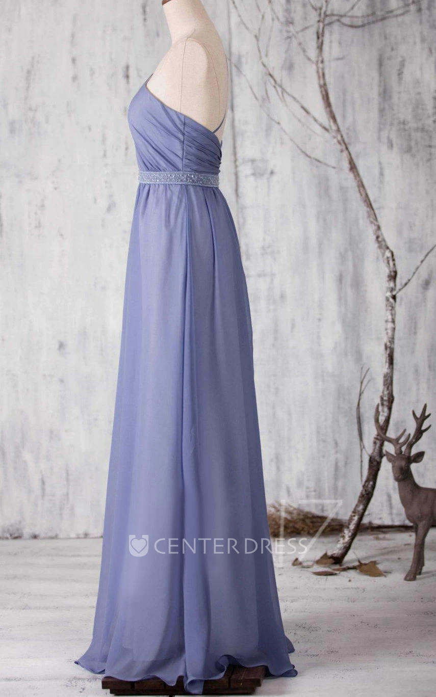 One Shoulder Criss Cross Bodice A-line Chiffon Long Dress With Beading