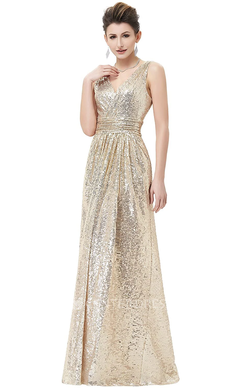 Sequins Floor-length V-neck A Line Sleeveless Bridesmaid Dress With Ruching