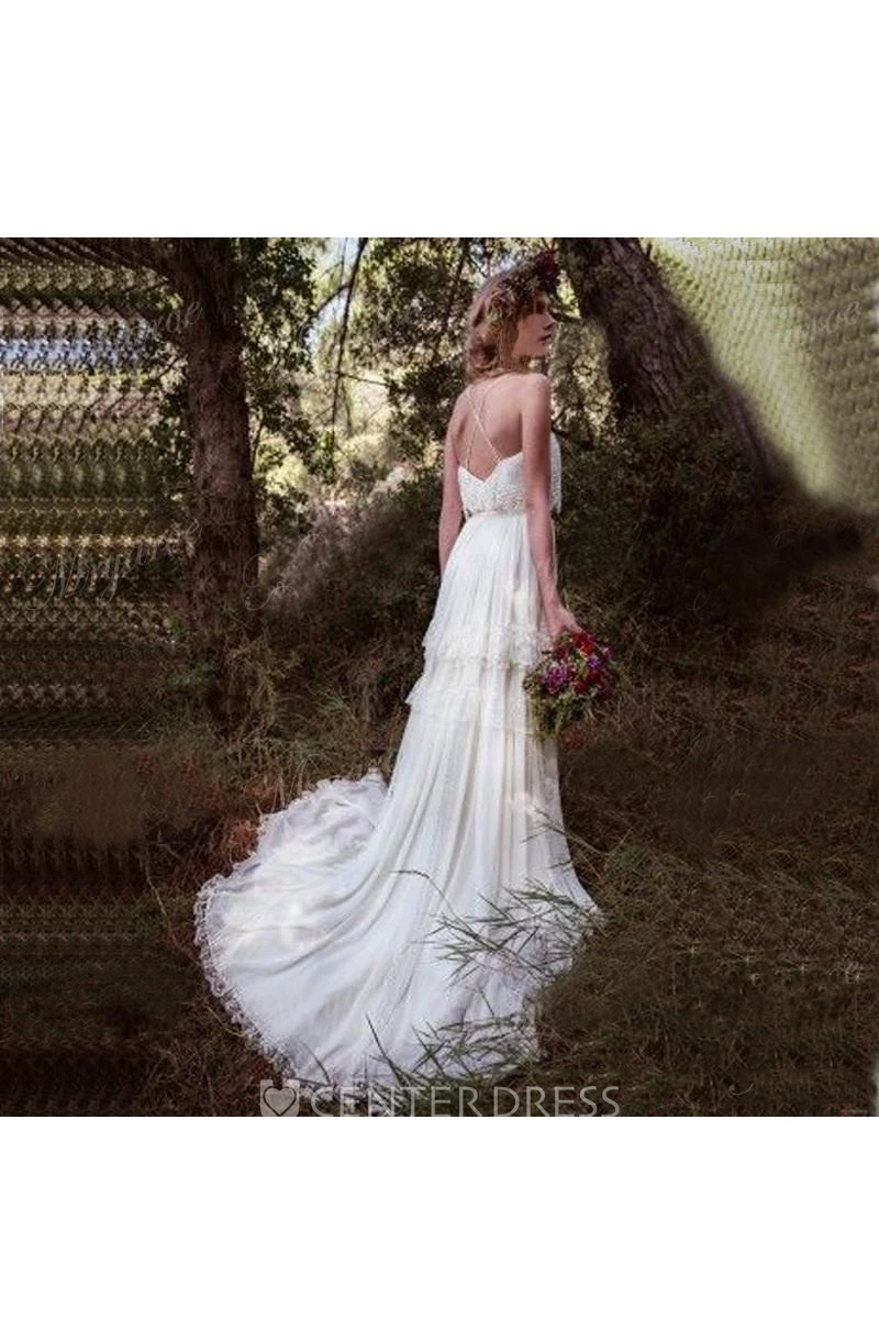 Cross Back Ethereal Court Train In Tiers Destination Wedding Dress With Spaghetti Straps